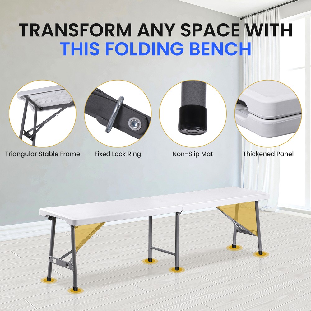 6ft Plastic Folding Bench 2 Pack Portable Waterproof Dining Seat w/ Handle White
