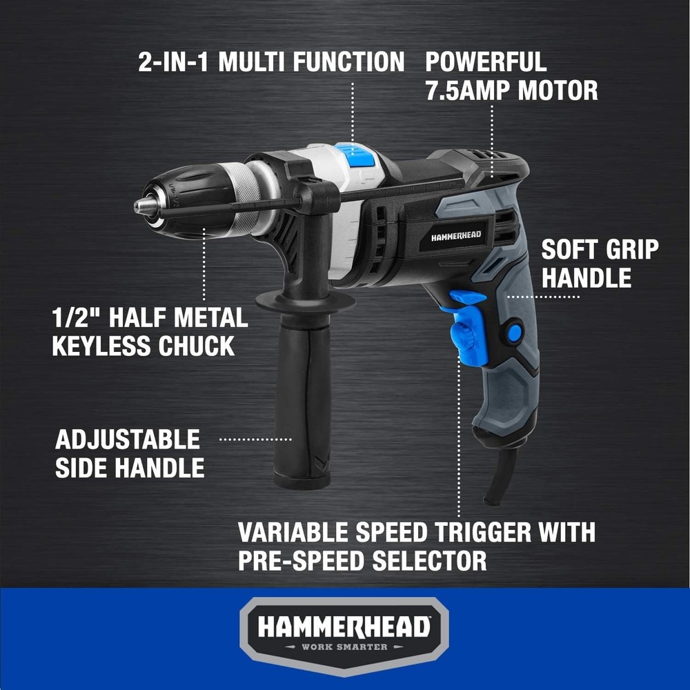 Powerful 1/2 Inch Electric Hammer Drill with Variable Speed & Bits Kit