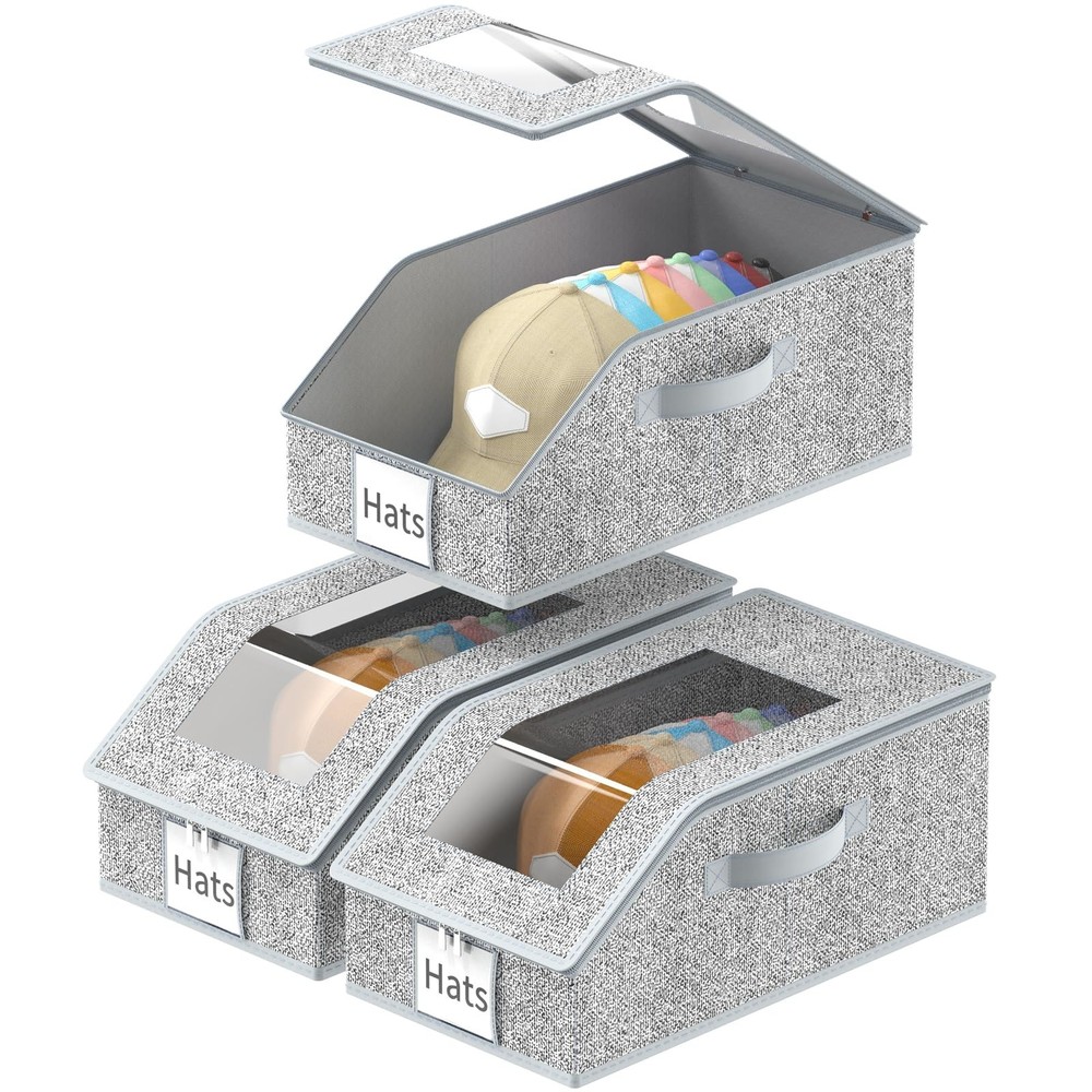 3 Pack Stackable Baseball Cap Organizer with Clear Lid - Foldable Hat Storage Bo