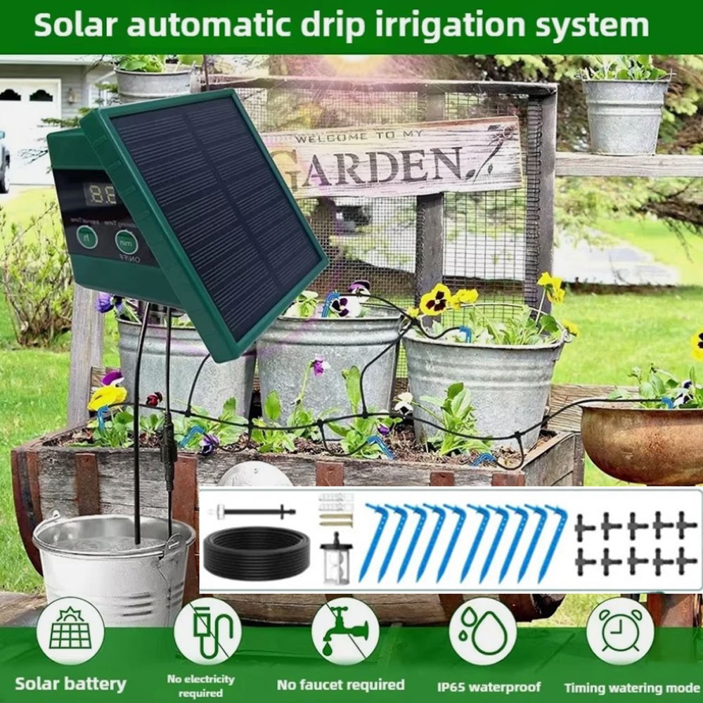 1 SET Solar Automatic Drip Irrigation System with Hose & Timer for Garden **
