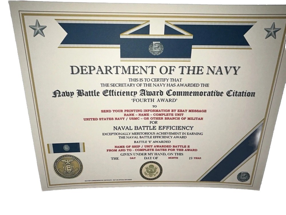 NAVY BATTLE E CITATION~4TH AWARD COMMEMORATIVE CERTIFICATE ~ TYPE-2 / W/PRINTING