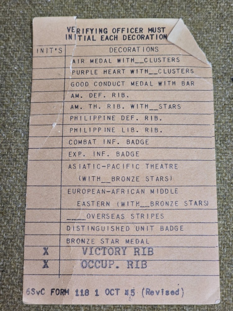 WWII Authority to Wear Decorations Card Dated 1945