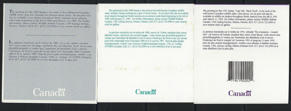 Canada Wildlife Conservation Stamps 1989-1991 Unused