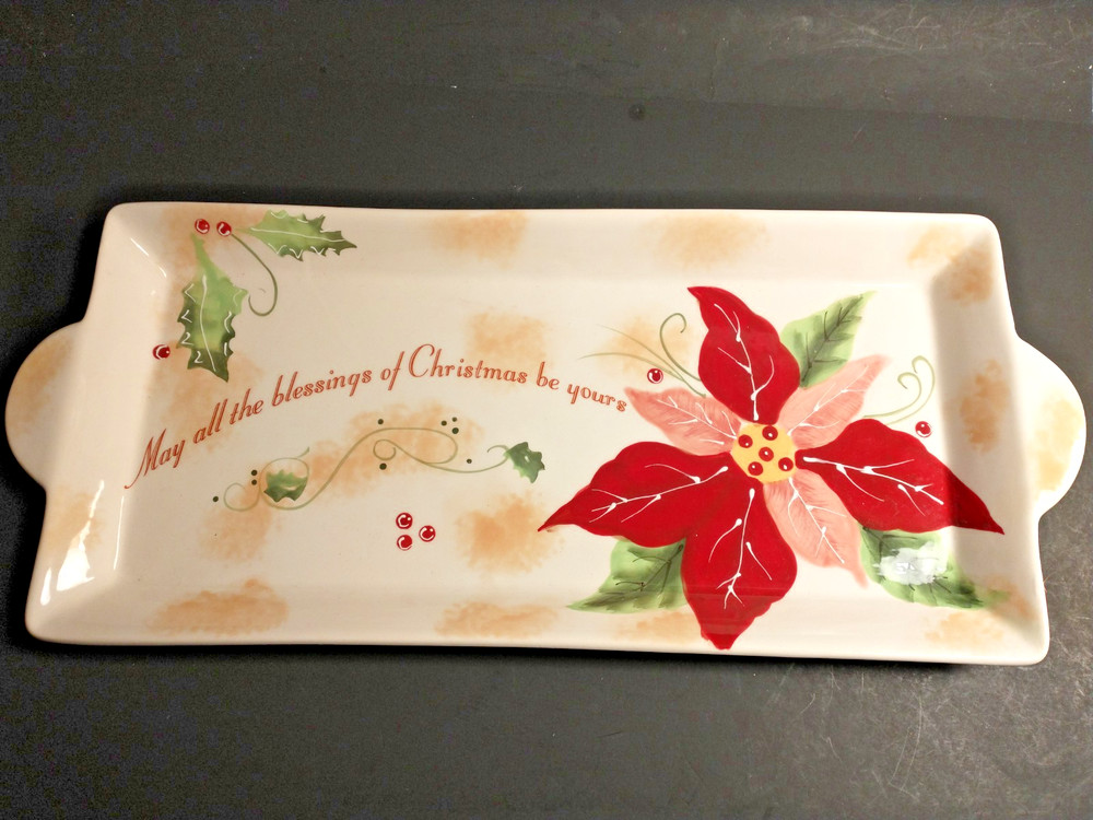 Ganz Ceramic Christmas Poinsettia Rectangular Tray 16.25" handle to handle