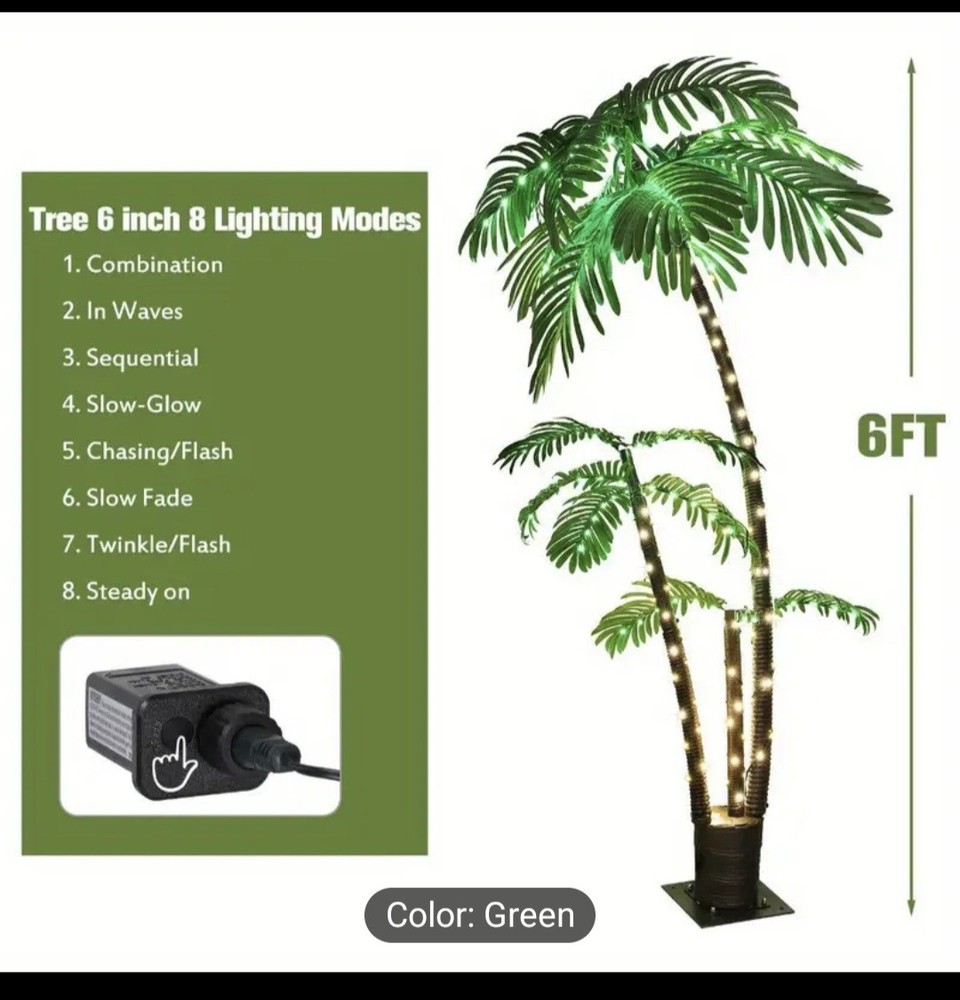 6ft Illuminated Artificial Palm Tree With 8 Lighting Mood. Plug In Power