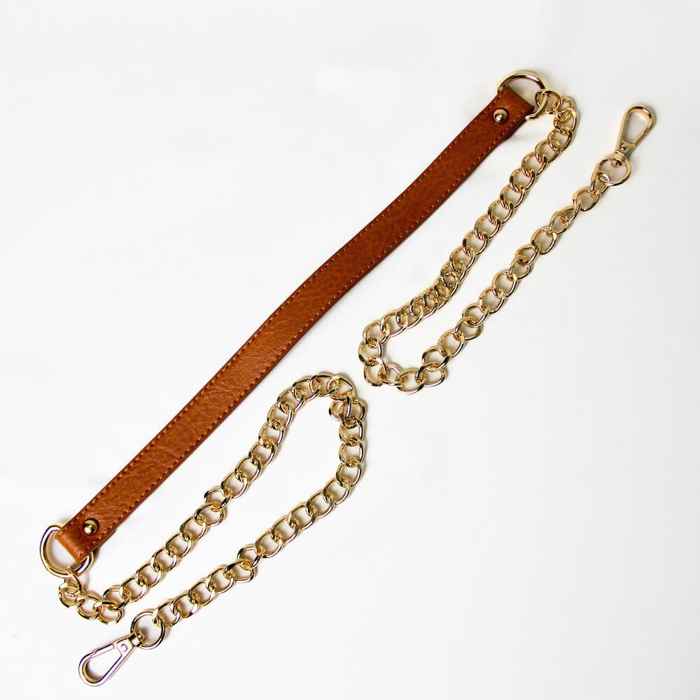 Center Leather Chain Shoulder Strap (Light Brown) - Cotton Raffia
