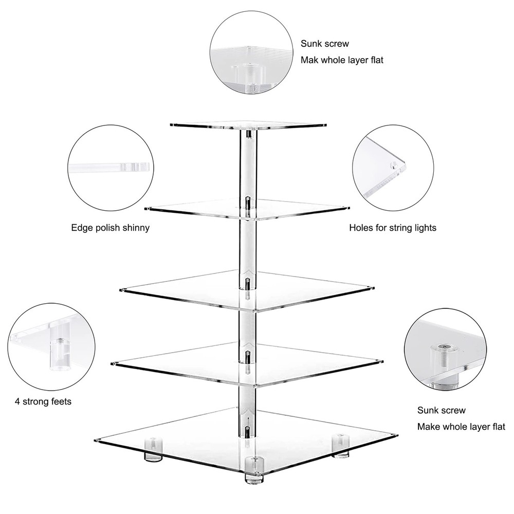 OLACHIKKO 5-Tier Square Cupcake Stand with LED Light String - Acrylic Display
