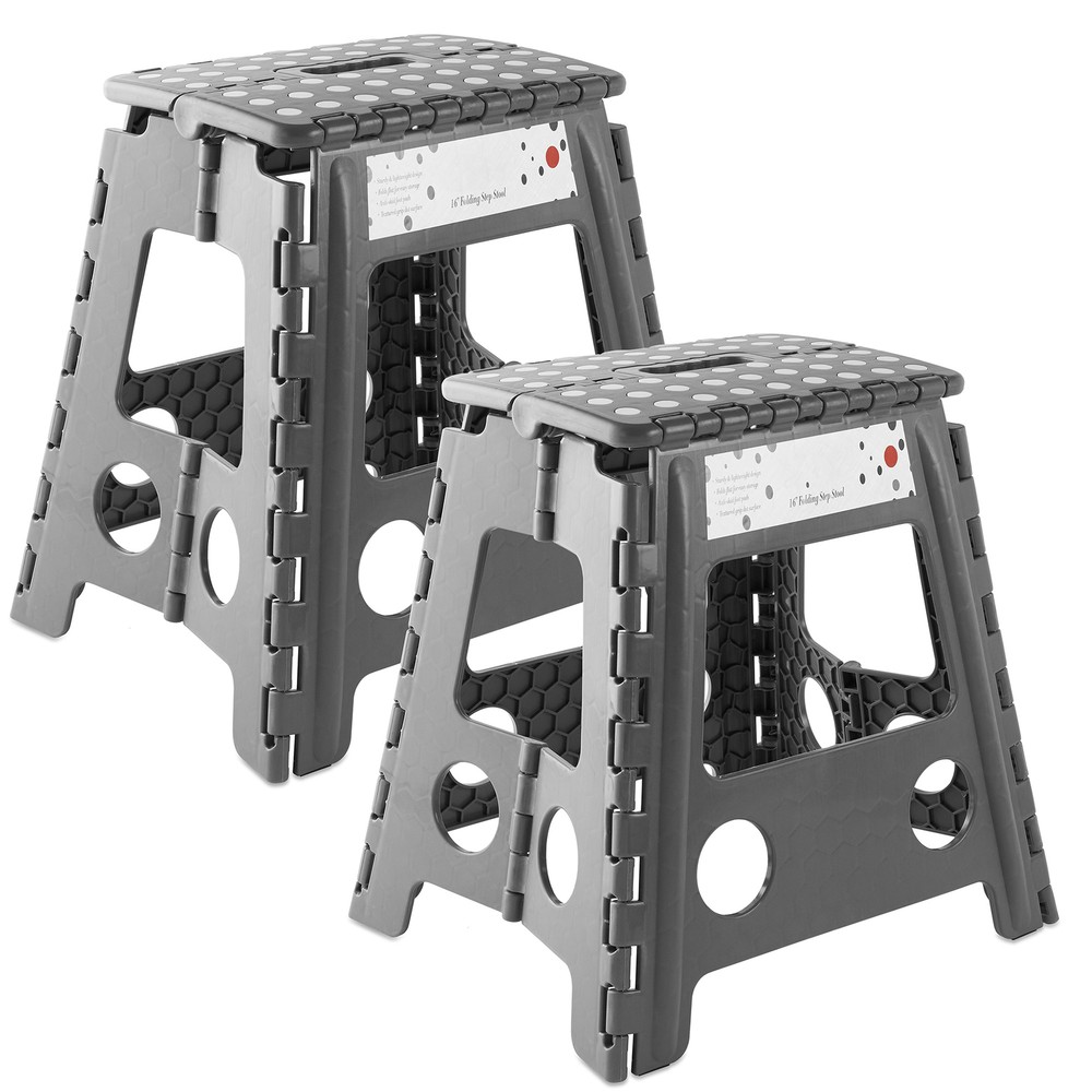 2 Pack - 16" Folding Plastic Step Foot Stools with Handle - Gray