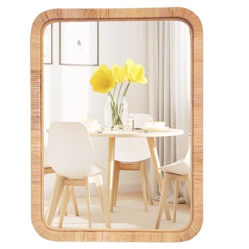 Rattan Mirror,Rectangle Boho Bathroom Mirror for 30"L x 22"W Nature Rectangle