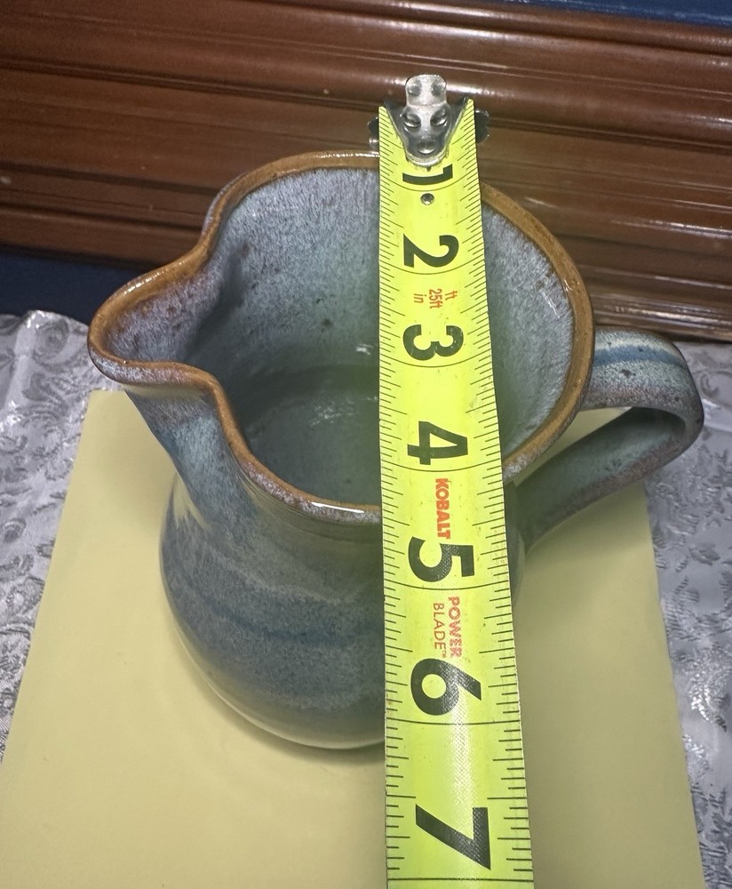 Vintage Stoneware Blue Drip Glazed Pitcher with Handle 9” Tall