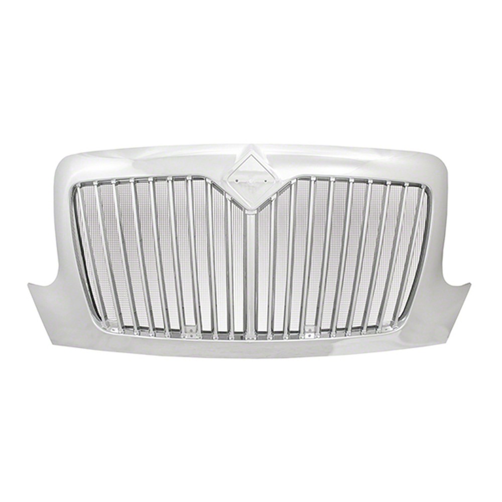 FRONT GRILLE; HEAVY DUTY VEHICLE; CHROME; WITH BUGSCREEN
