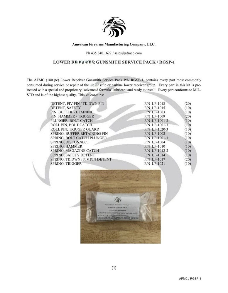 AFMC LOWER ASSY GUNSMITH SERVICE PACK / 180 PCS / NEW