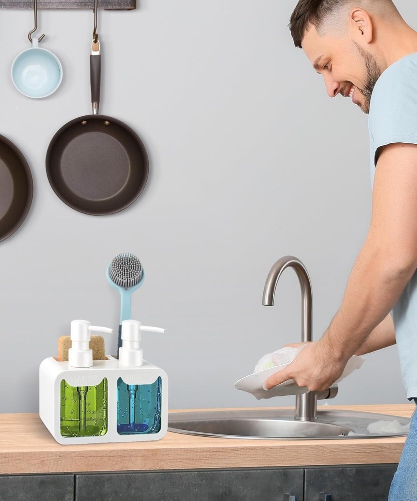 Kitchen Hand Soap and Dish Dispenser Set, Dual with White