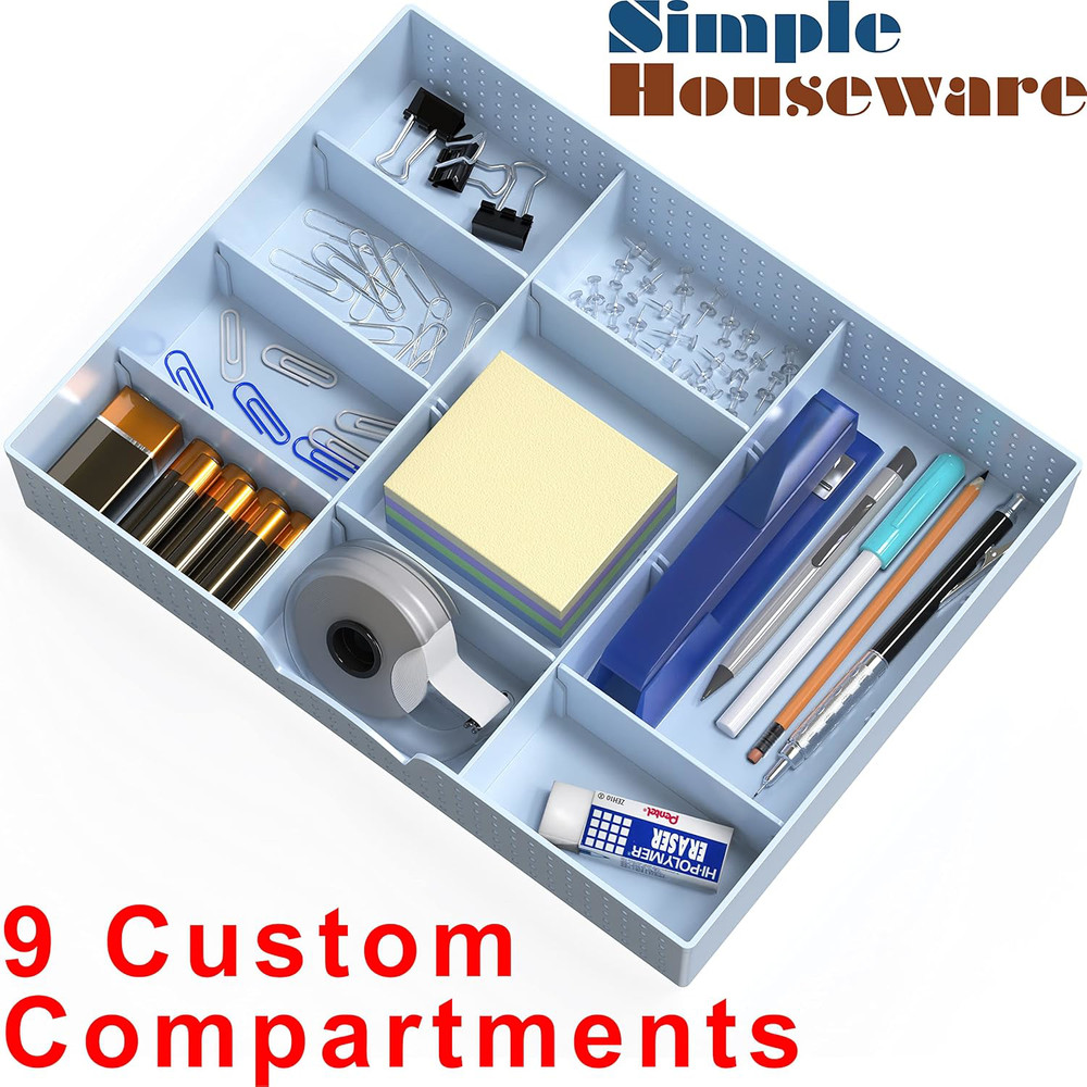 Blue Drawer Organizer Tray - 9 Adjustable Compartments for Home Storage