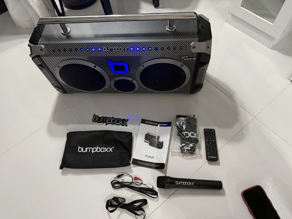 bumpboxx Flare8 Boombox Bluetooth USB Remote Microphone Aux Input Black Silver