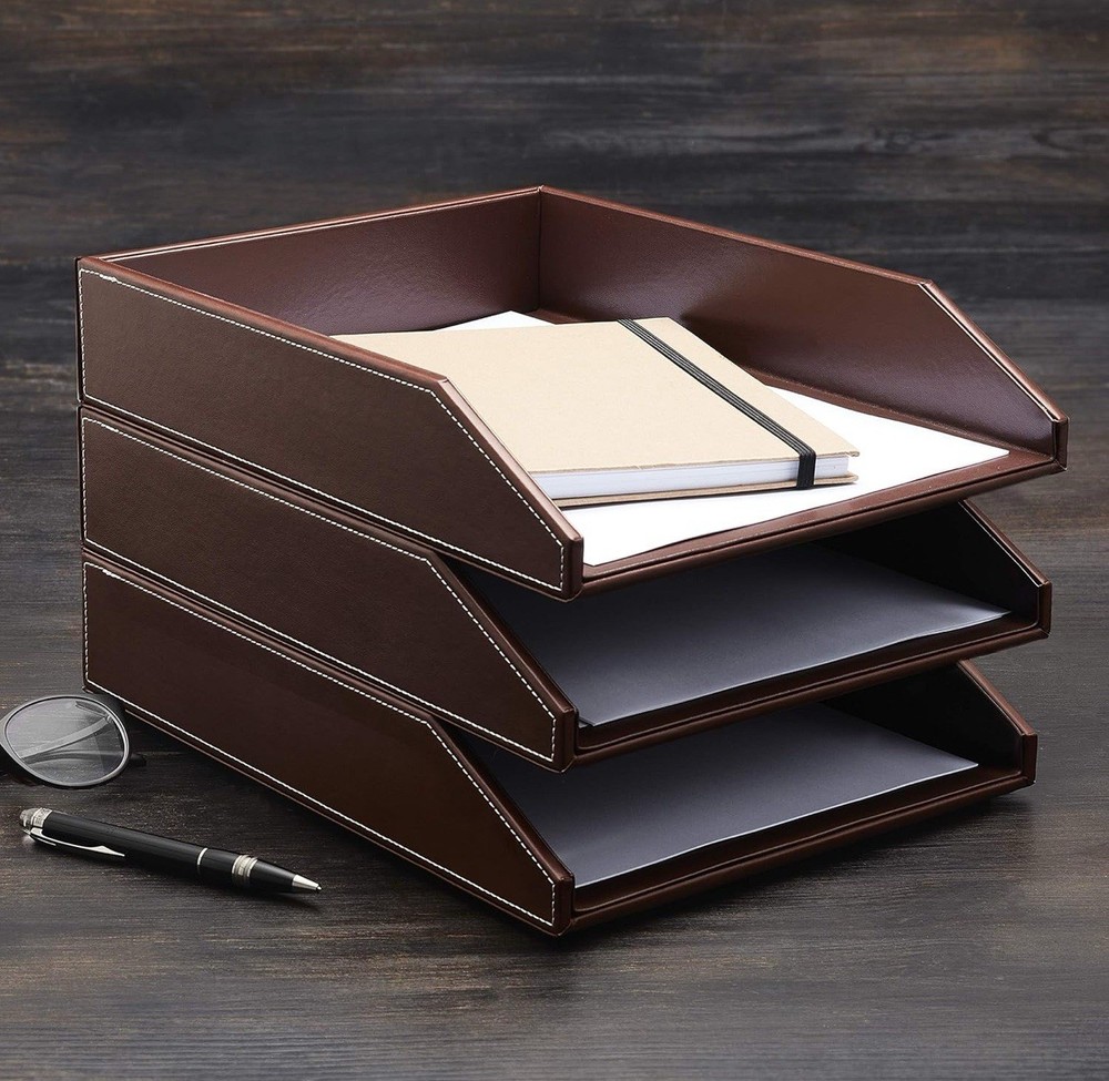 Gallaway Brown Leather stackable paper tray. Fits A4 Paper