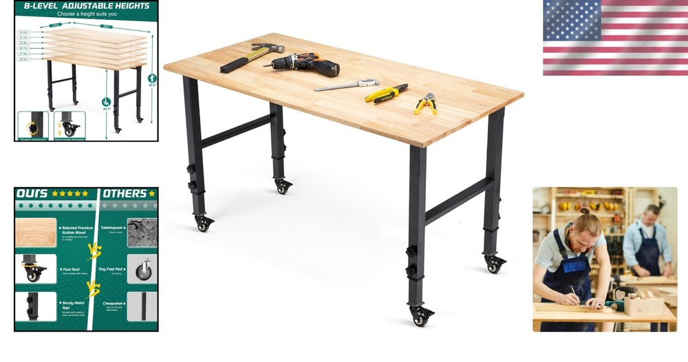 48" Adjustable Height Heavy-Duty Workbench - 2000 lbs Capacity & Lockable Wheels