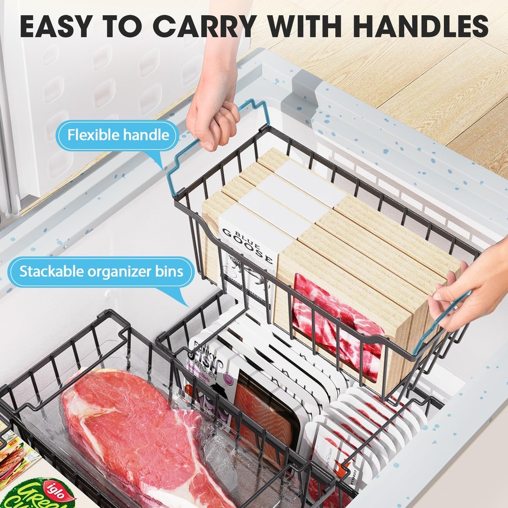 Freezer Organizer with Handles, 4 Pack Stackable Storage Bins, Black