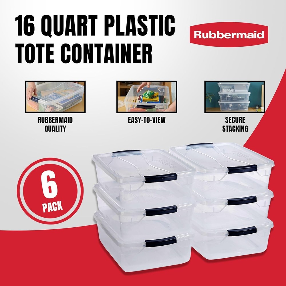 Rubbermaid 17-Quart Clear Storage Bins with Lids, 6-Pack, Stackable, BPA-Free
