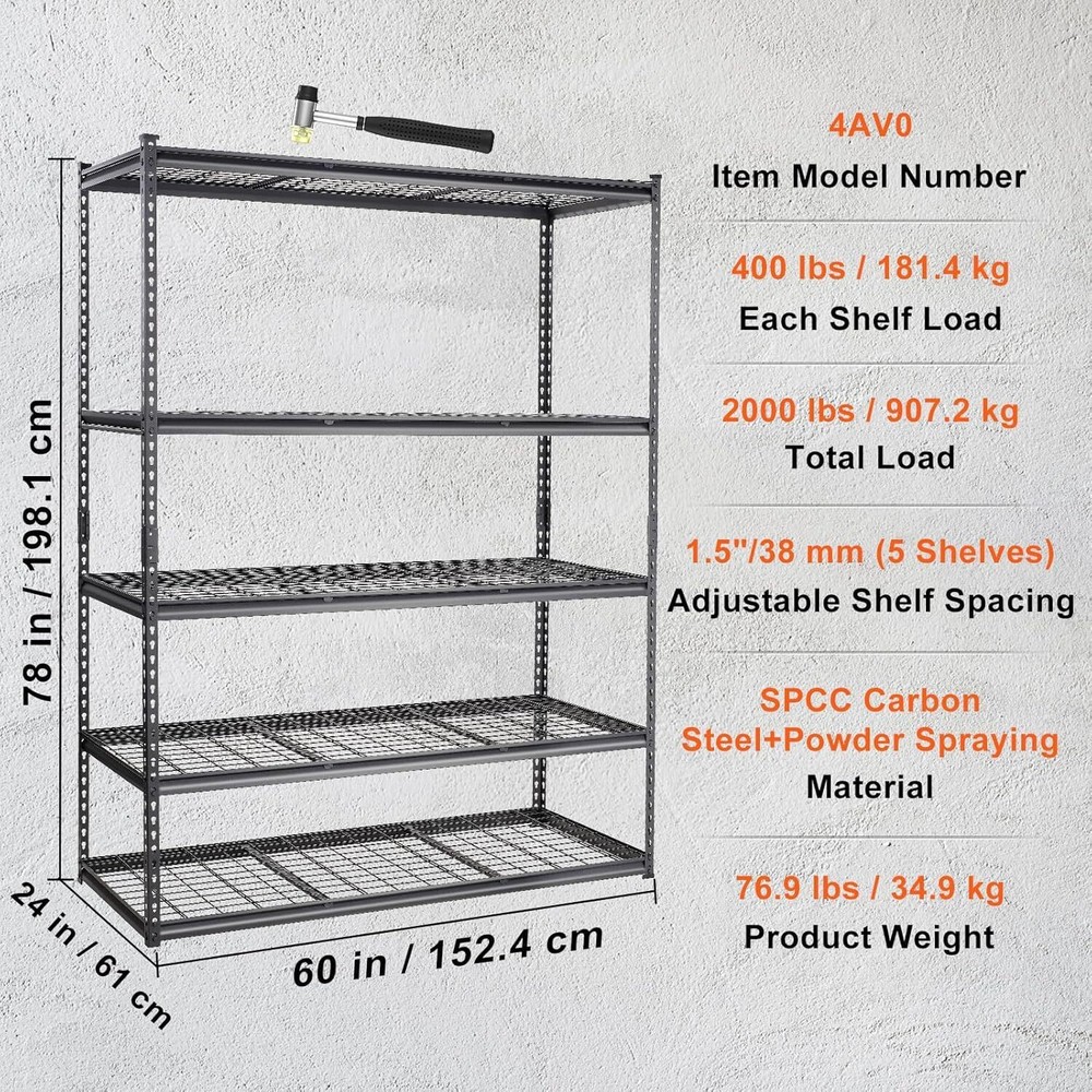 Storage Shelving Unit Garage Storage Rack 5-Tier Adjustable 2000LBS Load Bearing