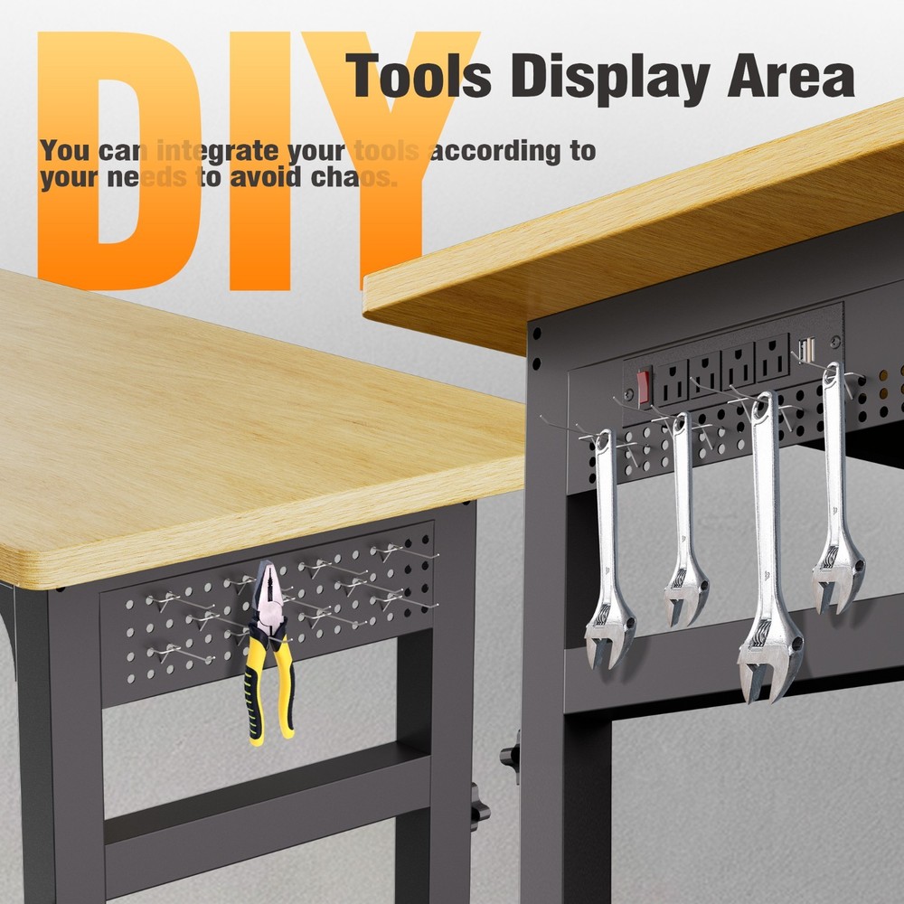 Adjustable Workbench, Work Benches for Garage with Pegboard and Power Outlet