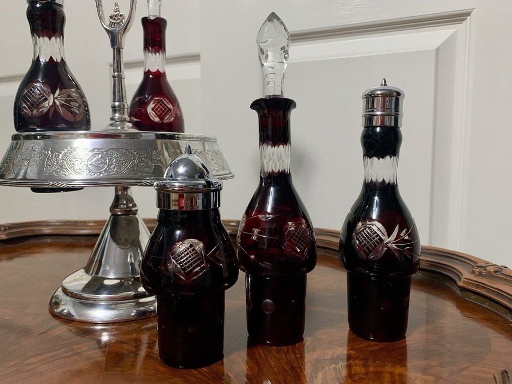 Ruby Cut-to-Clear Bottles Silver Plate Frame Stand/Holder Cruet Condiment Set