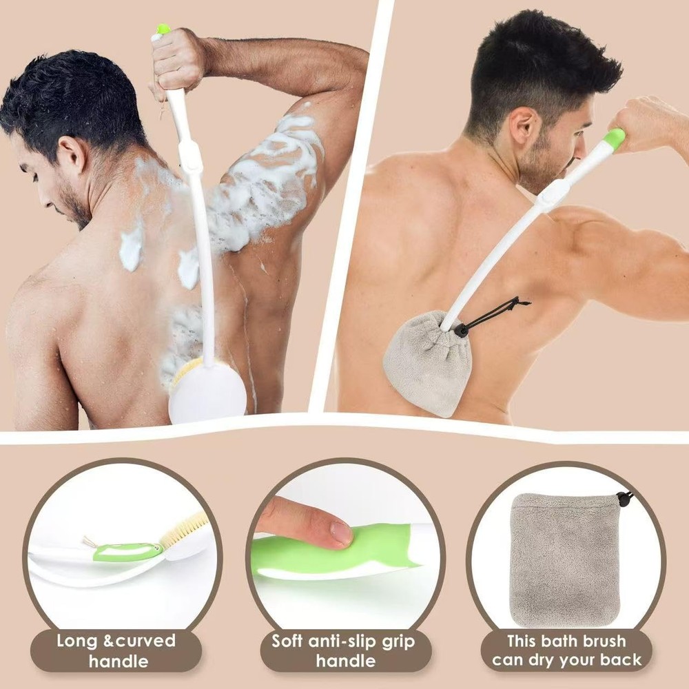 Back Scrubber Bath Brush for Shower Curved Long Handle, Foldable White