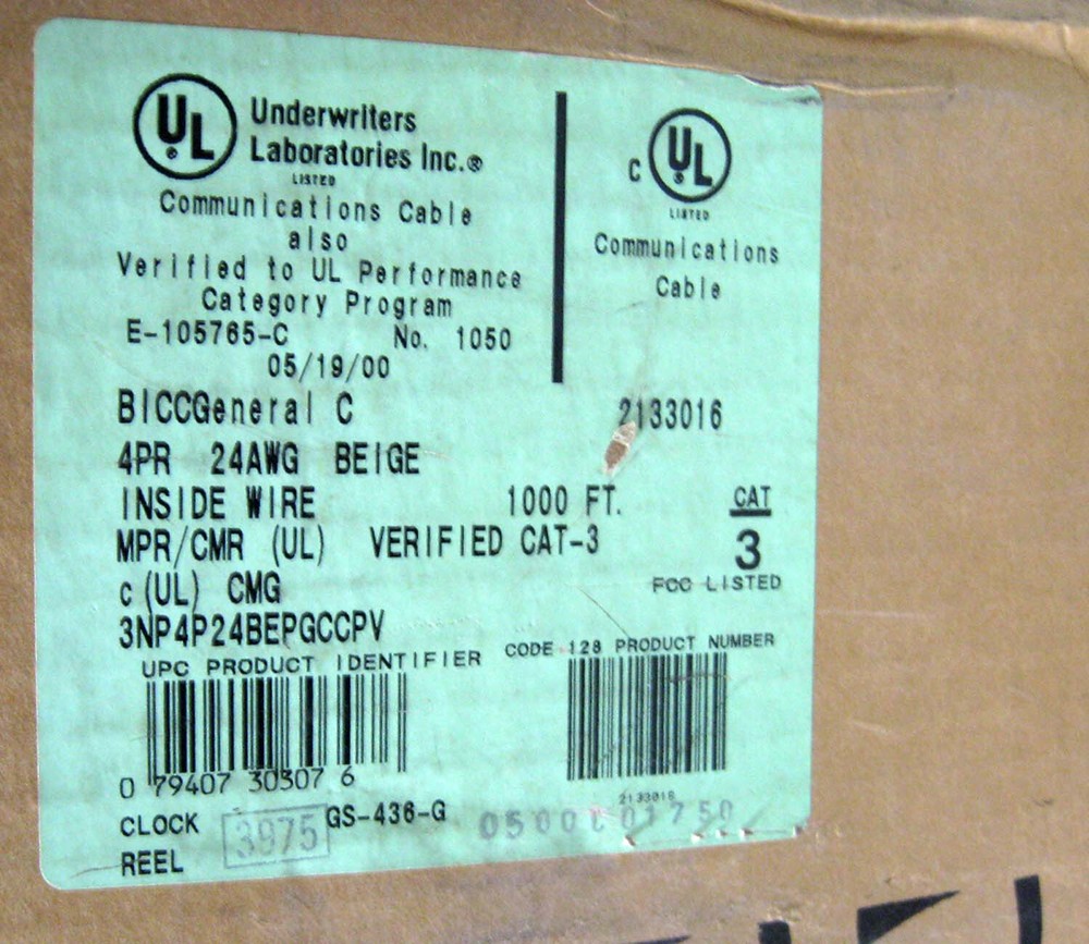 BICC GENERAL ® Pull Pac ® Communication CAT-3 4 Pair 24 AWG Beige Inside 300 Ft