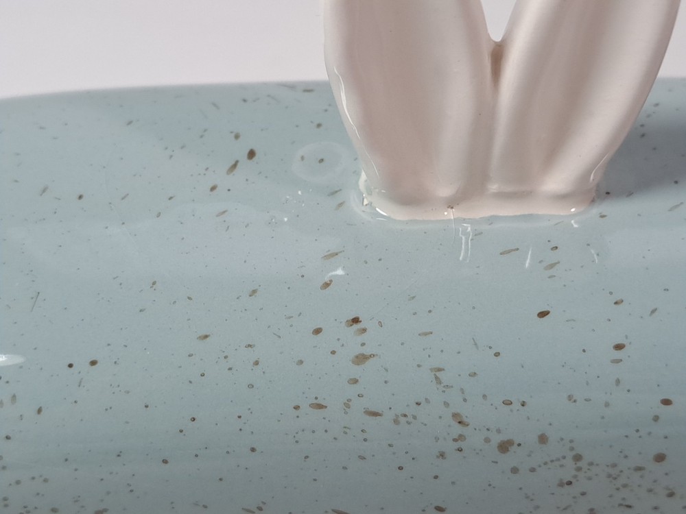 Pier 1 Speckled Blue & White Butter Dish With Bunny Ears Easter