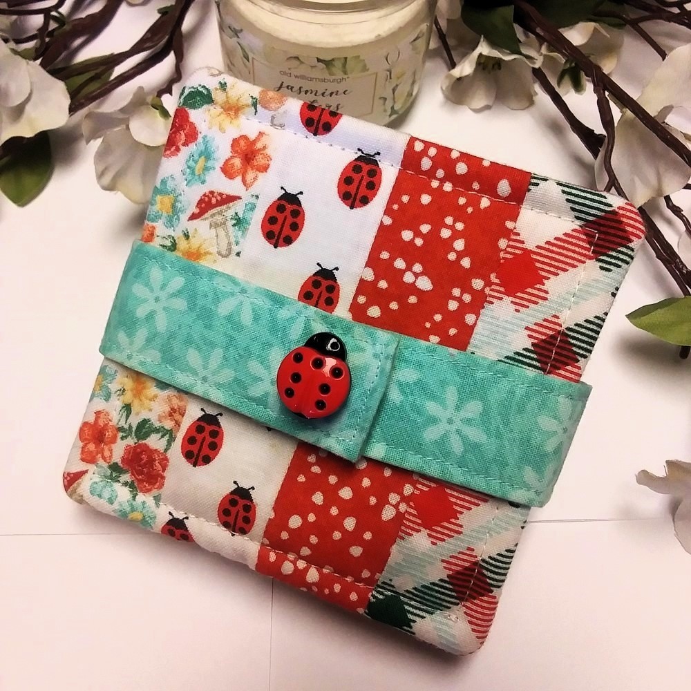 LADYBUG PICNIC 5pc Handmade Reversible Patchwork Coasters w/Holder & Button
