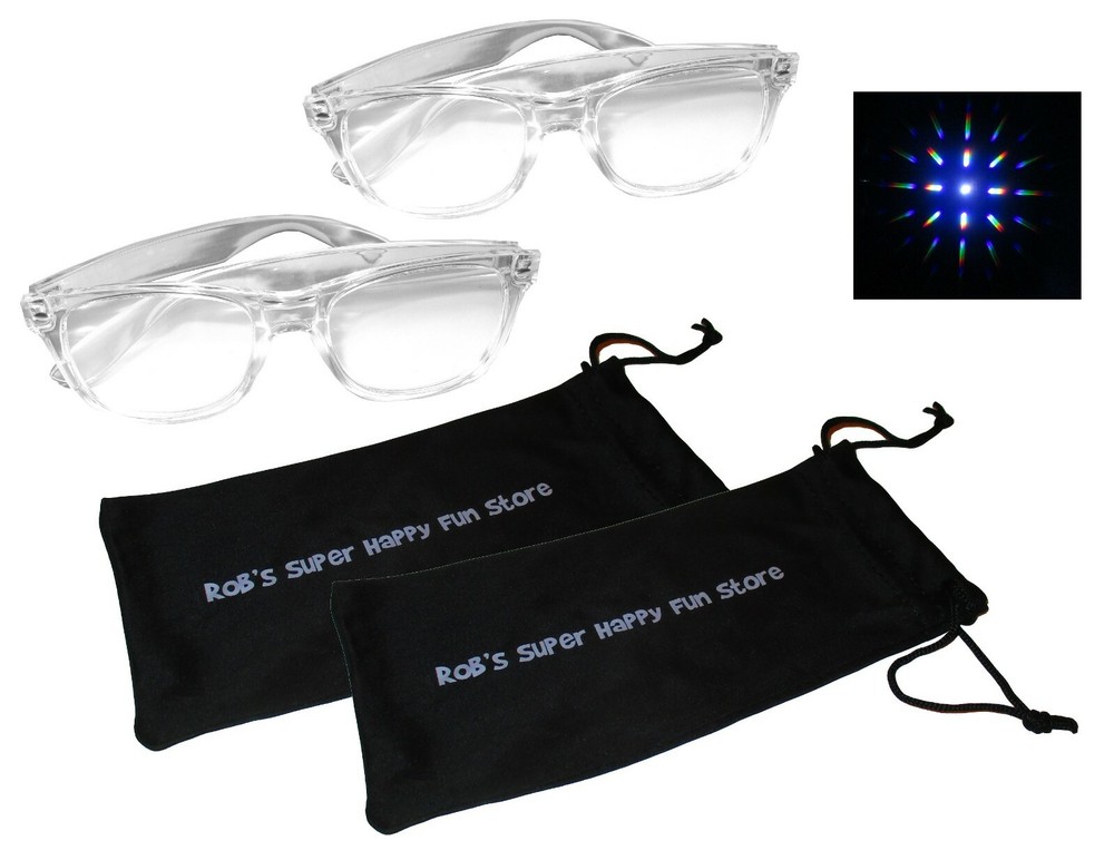 Fireworks Diffraction Glasses - Clear Plastic Frames, Storage Pouch - 2 Pair
