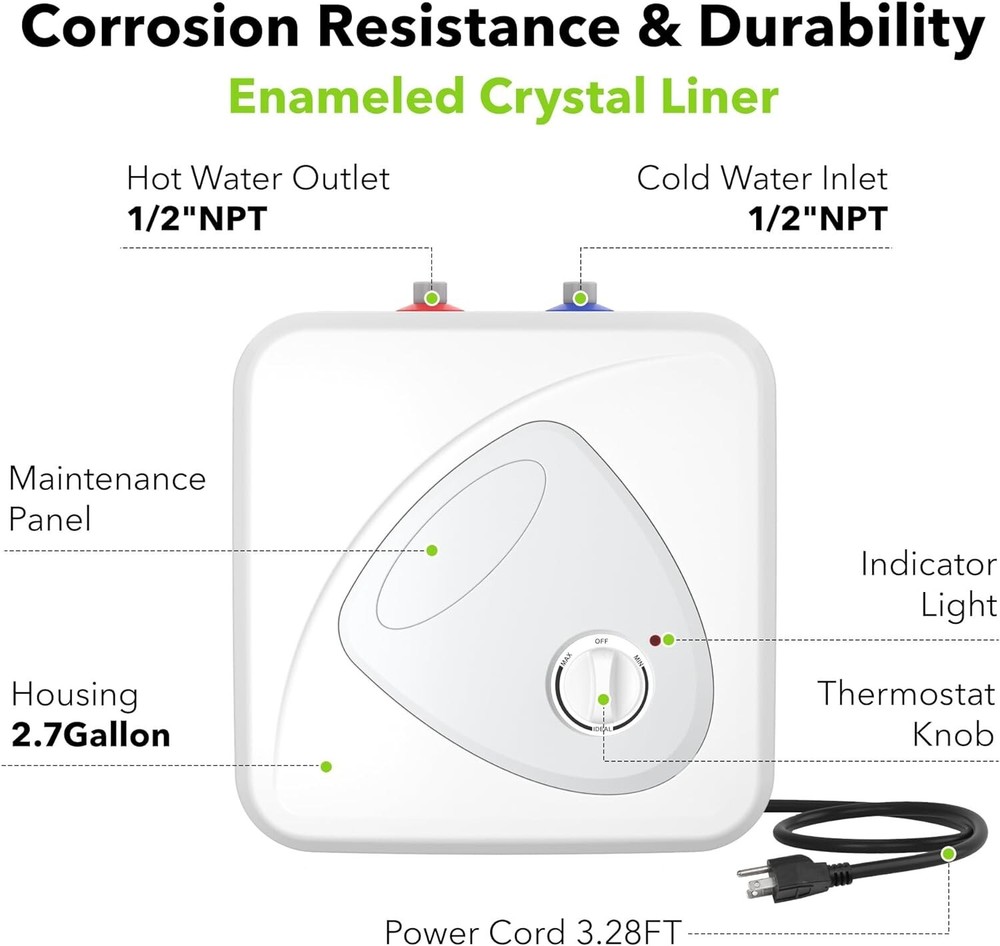 Electric Mini-Tank Water Heater - 2.7 Gallon Small Under Sink Instant Hot Water