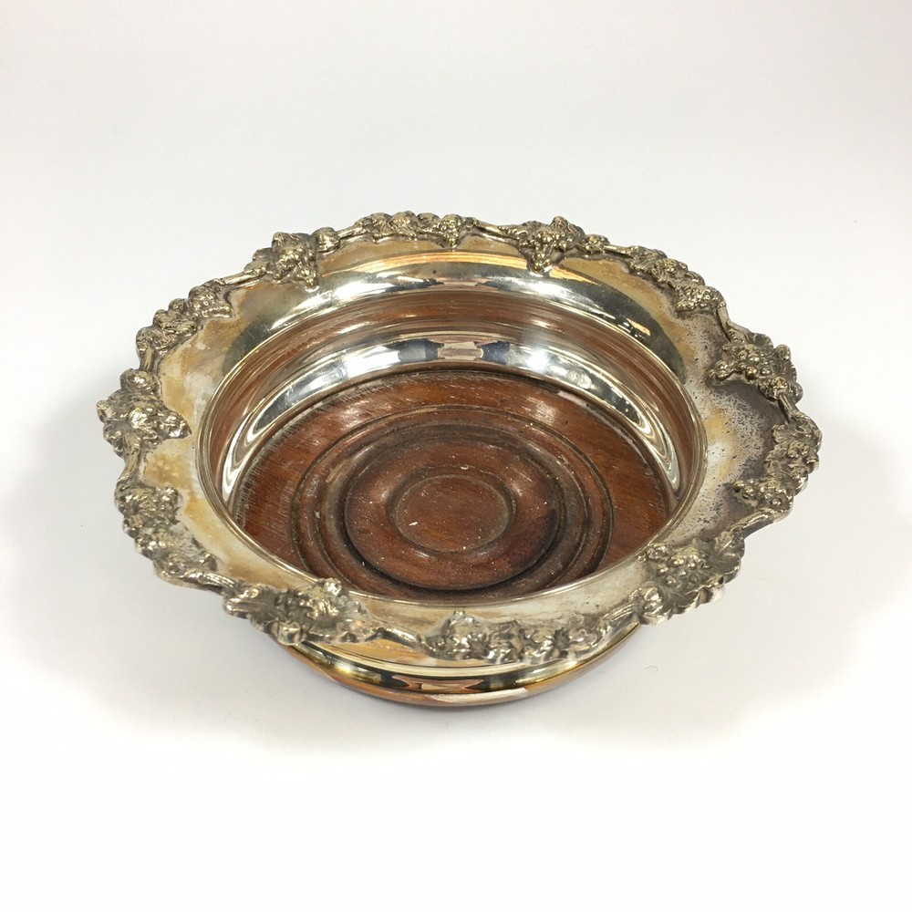 Antique Silver Plated Bottle Coaster Grape & Vine Edge Decoration