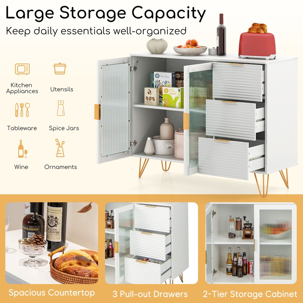 Buffet Server Sideboard w/ 2 Tempered Glass Doors & 3 Drawers for Kitchen White