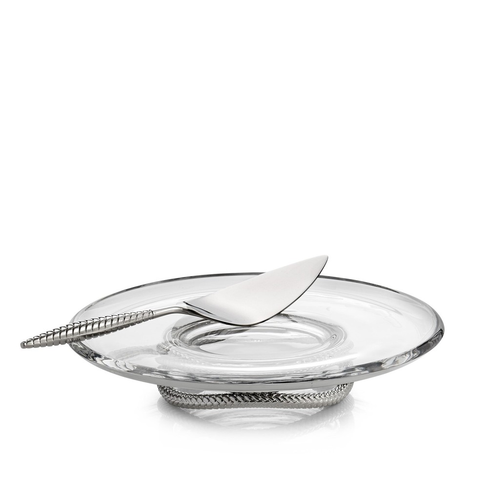 Nambe Braid Collection Pedestal Glass Cake Plate with Server - Clear Silver