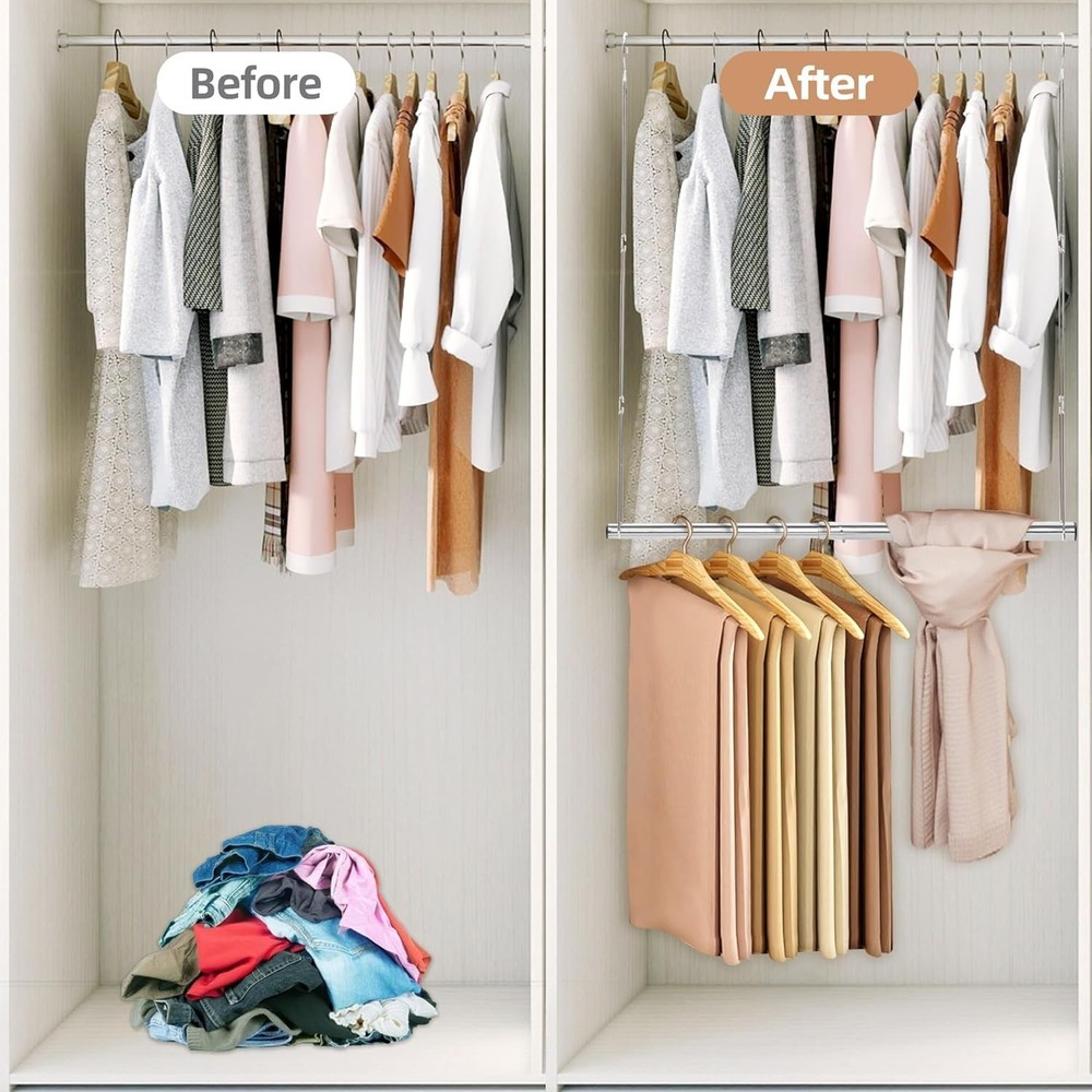 Adjustable Chrome Hanging Closet Rod - Space-Saving Organizer for Versatile Use