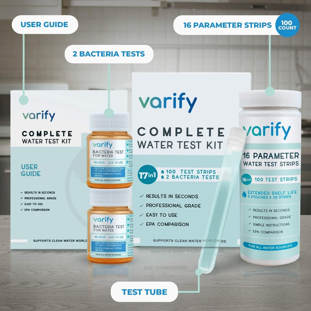 Varify 17in1 Complete Drinking Water Test Kit - 100 Strips + 2 Bacteria Tester