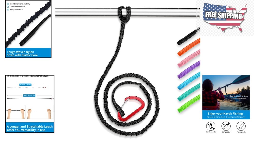 Kayak Paddle Leash 4-7ft Stretchable Strap - Ultimate Paddle Safety Solution
