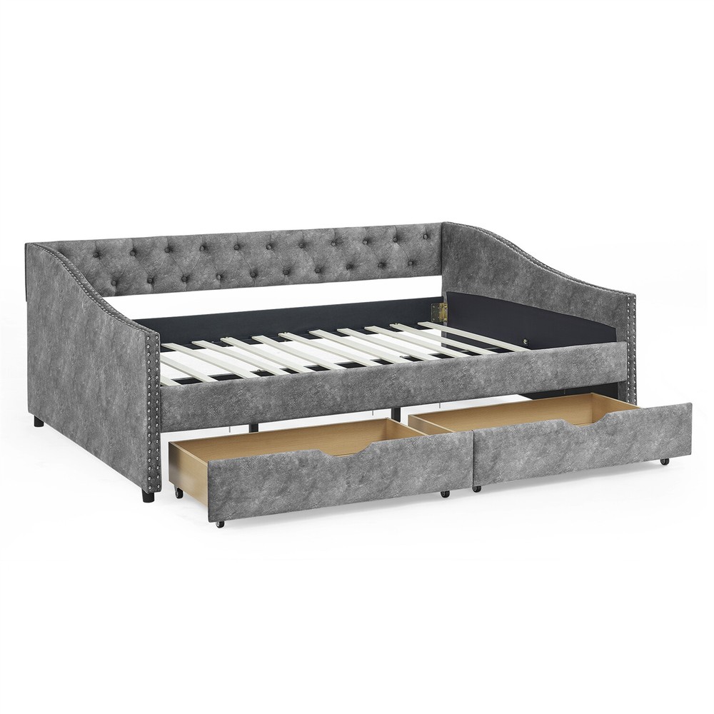 Full Size Daybed Upholstered Bed Frame Sofa Bed w/ 2 Storage Drawers US