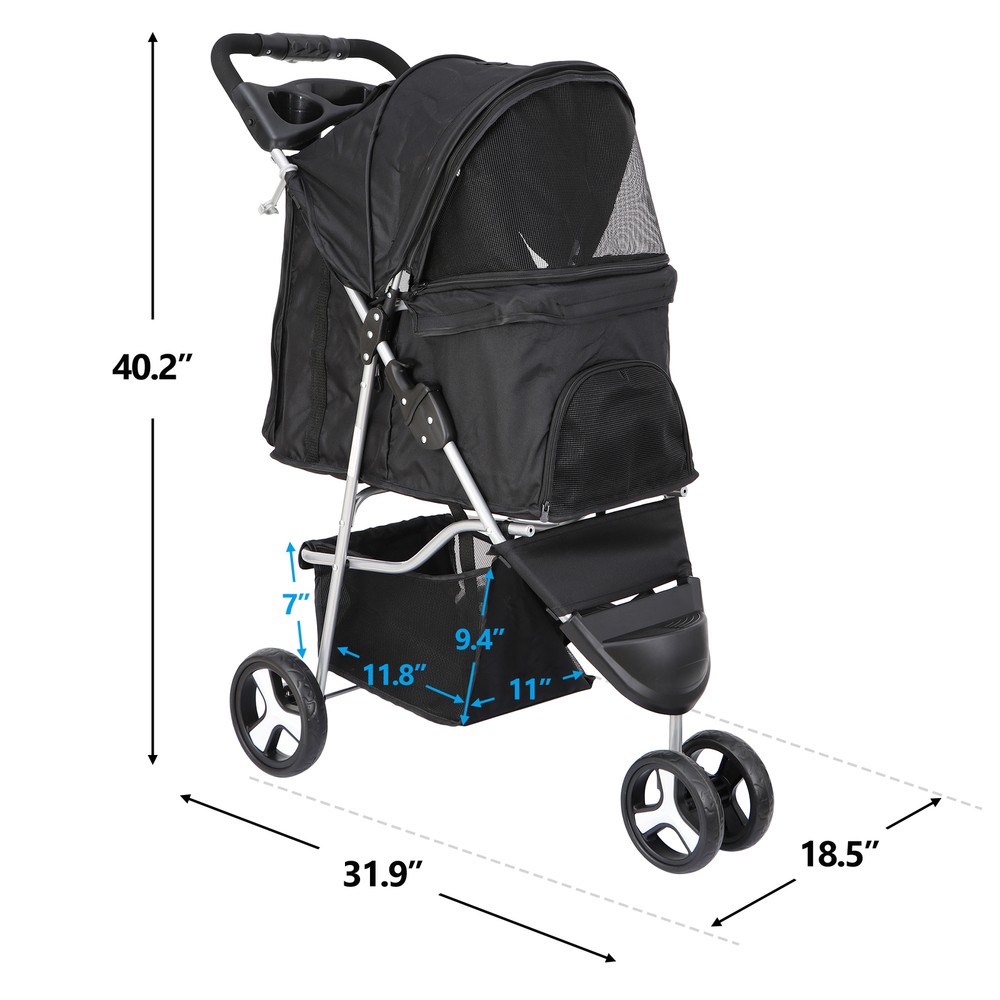 3-Wheel Pet Stroller Foldable Dog Stroller Cart Jogging Stroller w/Cup Holder