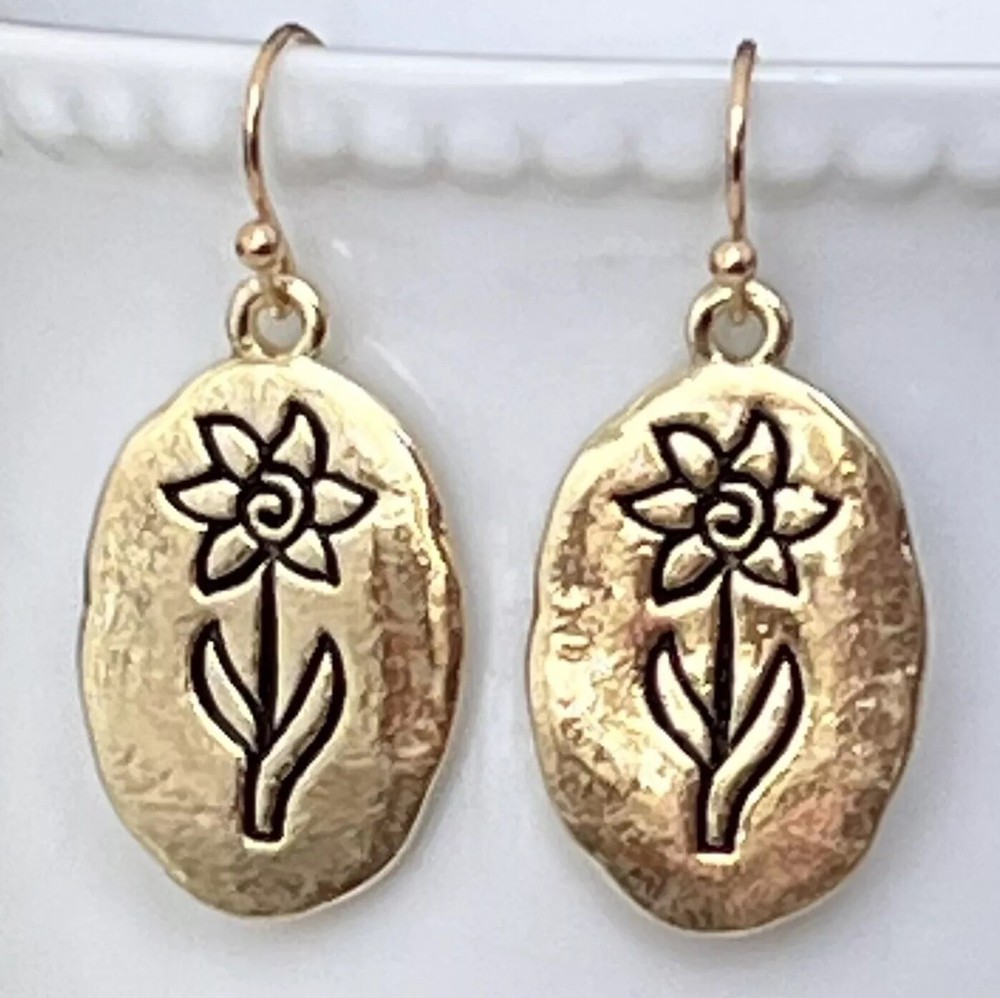 Whimsical Etched Gold Flower Earrings. Bloom.