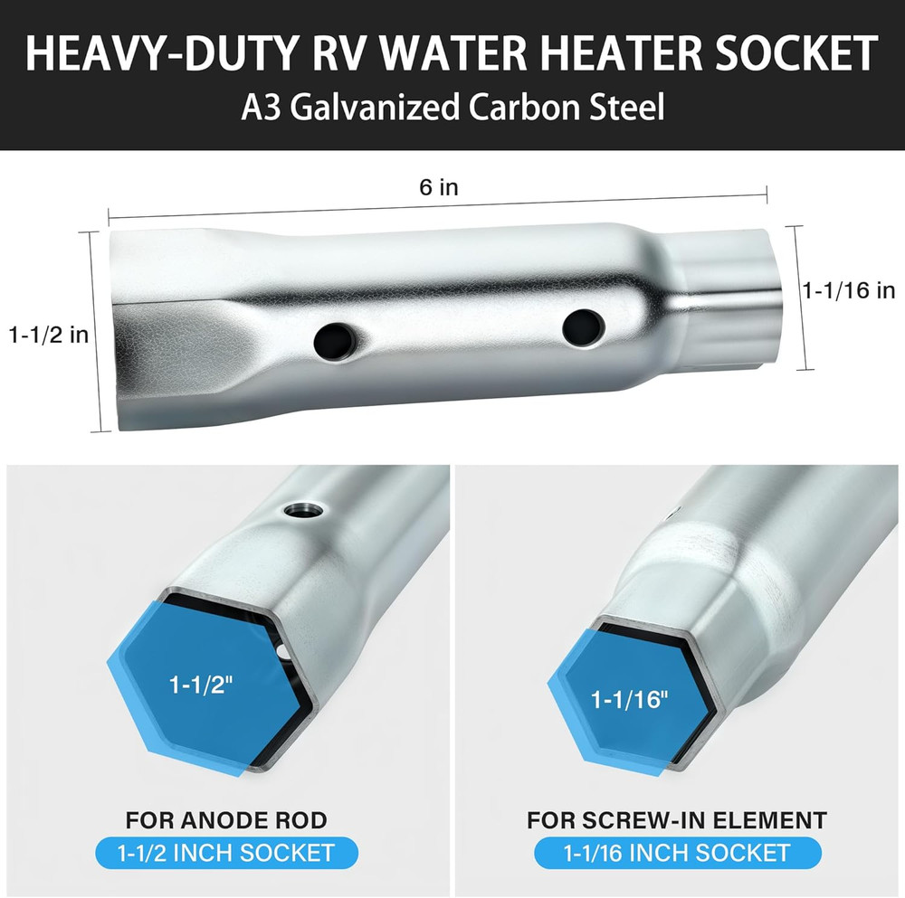 RV Water Heater Element Wrench Socket - Dual Hex Anode Rod Socket, 1-1/16" X 1-1