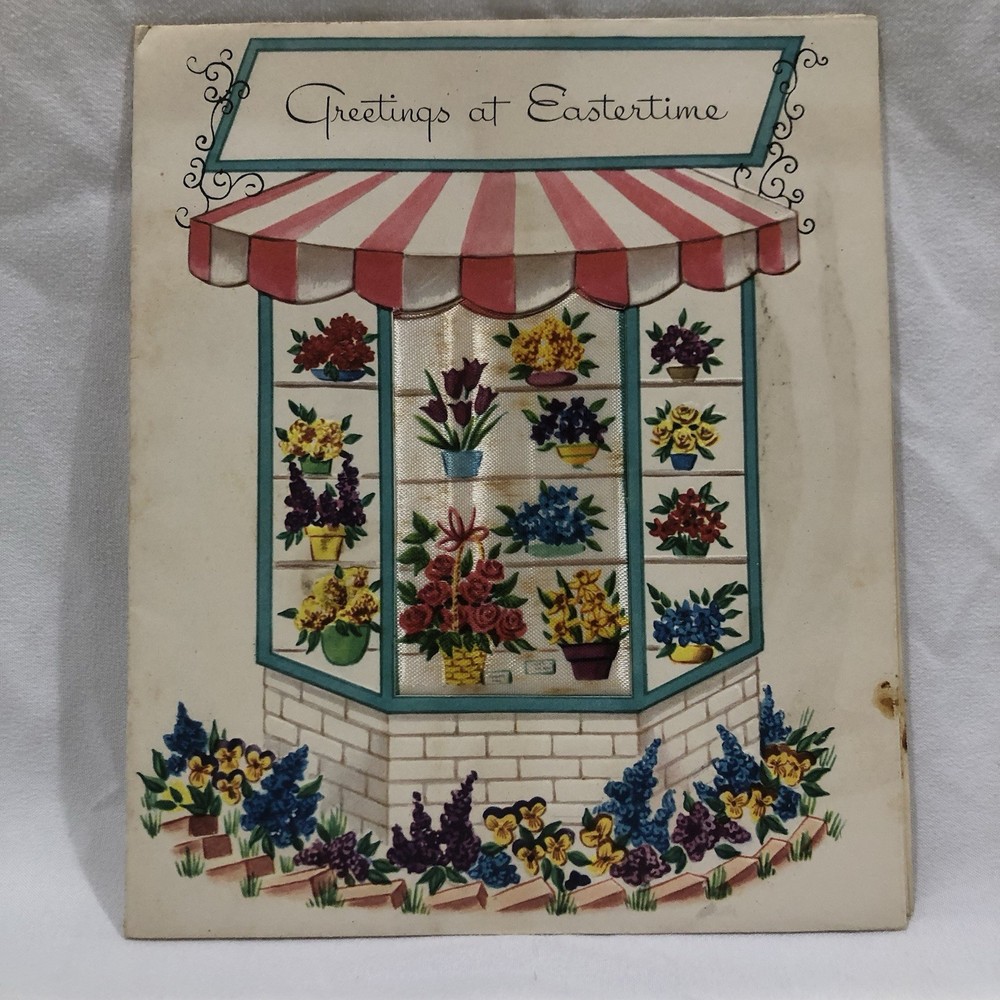 Vtg Easter Greeting Card Greetings Eastertime Flower Shop Window Pretty Bouquets