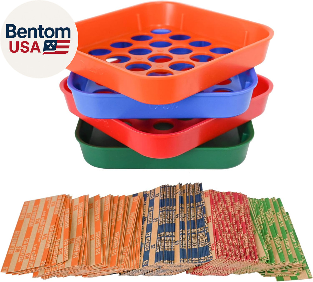 Coin Sorters Tray, 4 Color-Coded Coin Sorting Tray with 160 Assorted Coin Roll W