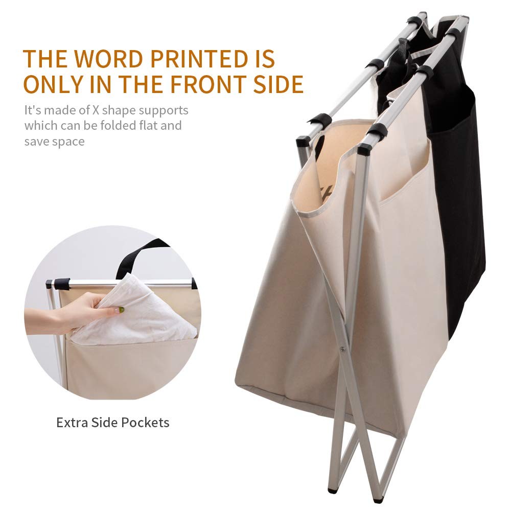 2-Section Laundry Hamper with Aluminum X-Frame Folding Washing Basket Bag