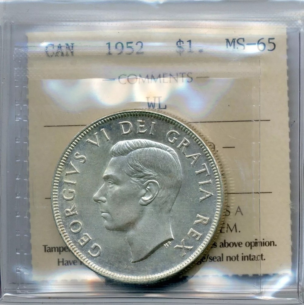 1952 Canada Silver Dollar, Waterlines - ICCS GEM Uncirculated MS 65