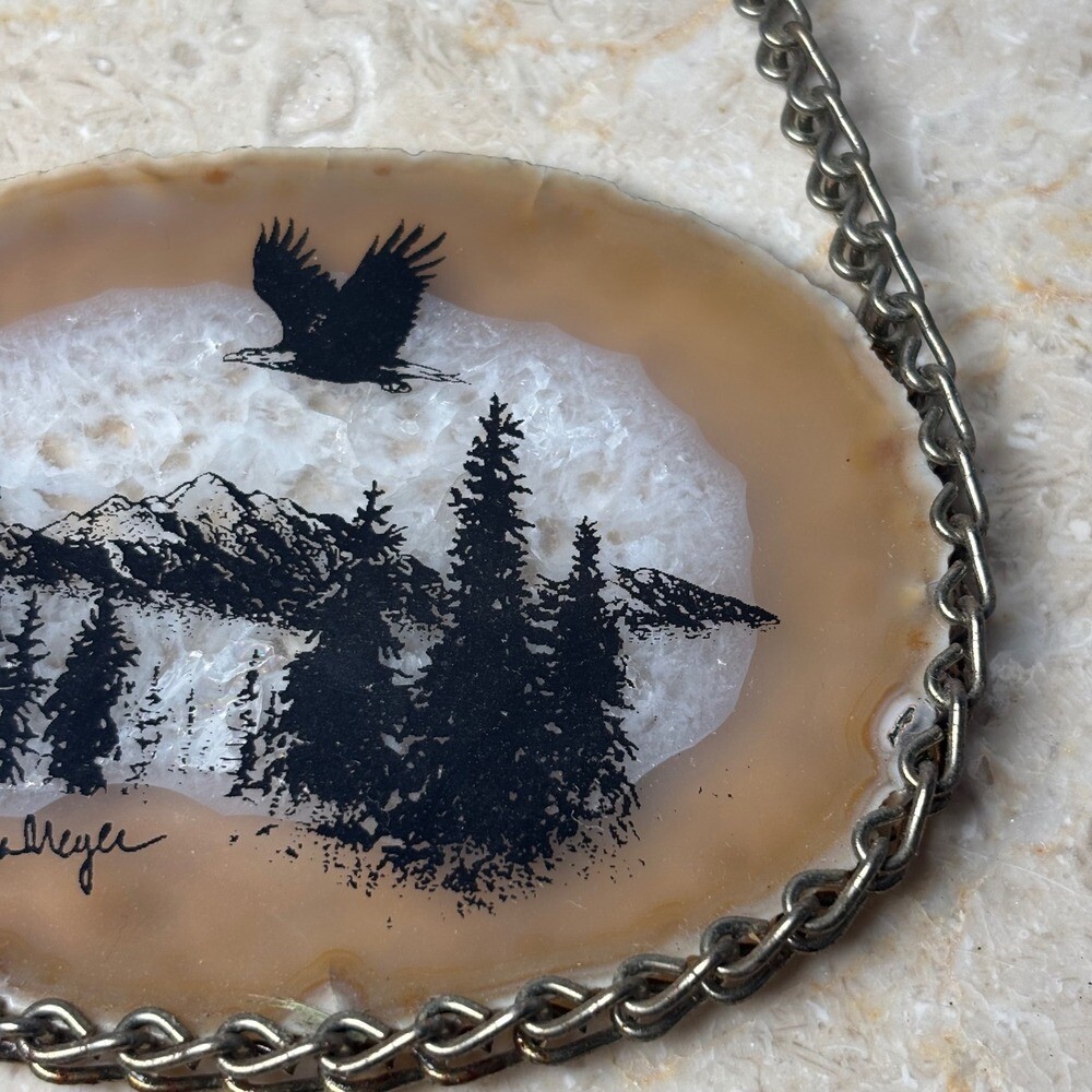 Andrea Meyer 1987 Geode Agate Slice Forest Eagle Scene Rock Art Hanging Painting