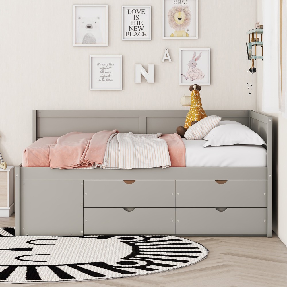 Full Size Daybed w/ Drawers & Shelves, Solid Wood Frame, Gray