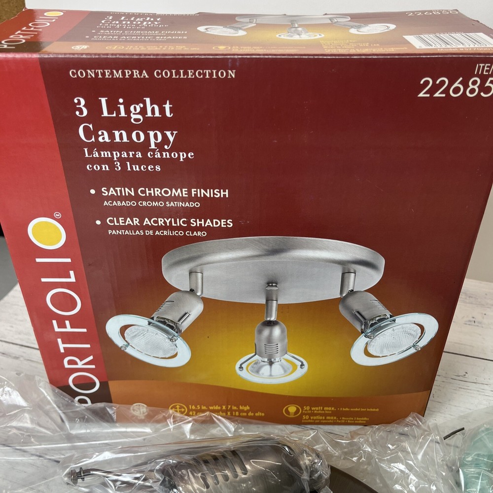 Portfolio 3-Head Pan Flush Mount Ceiling Canopy Light Satin Chrome Finish