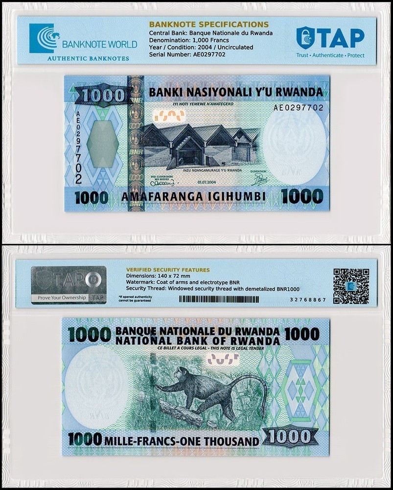Rwanda 1000 Francs, 2004, P-31, UNC, TAP Authenticated